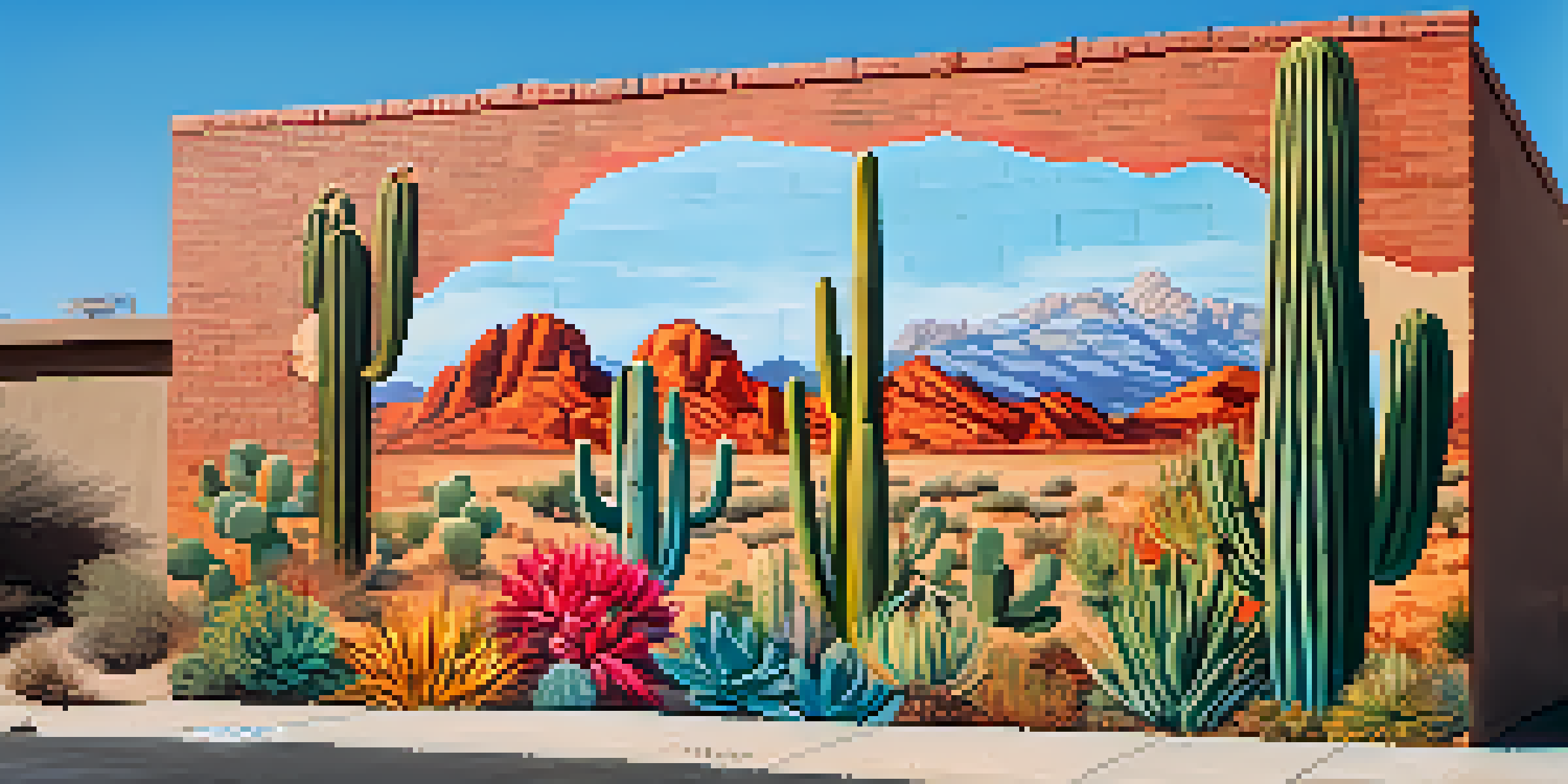A colorful street mural showcasing a desert landscape with cacti and mountains in Scottsdale.