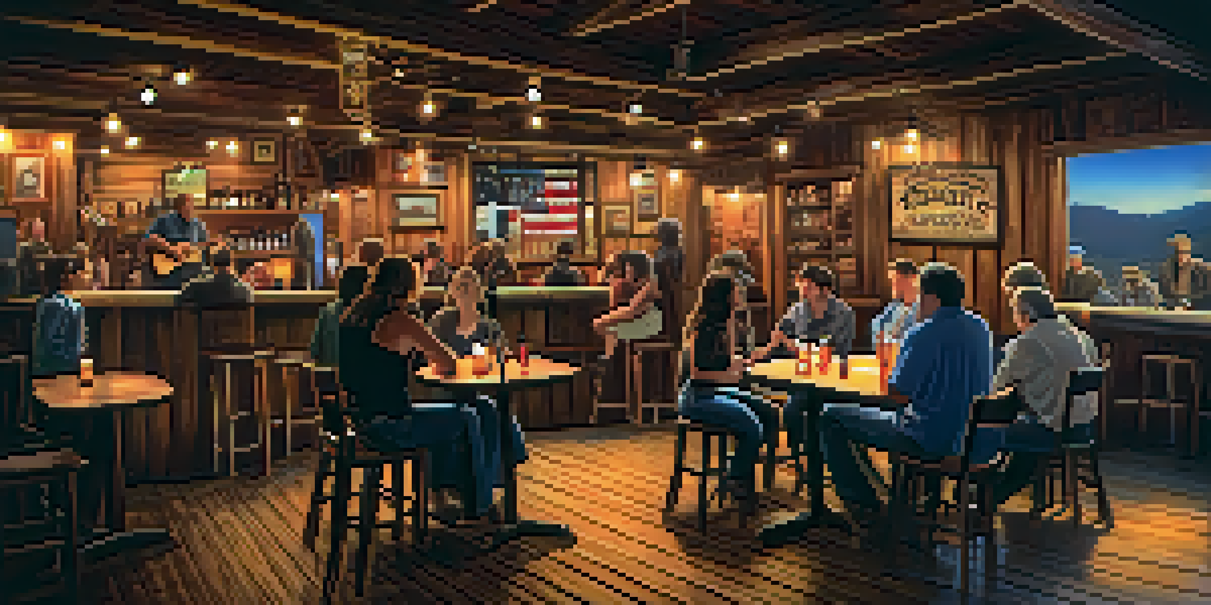 A local musician performing an acoustic set at The Rusty Spur Saloon, with a cozy atmosphere and patrons enjoying the music.