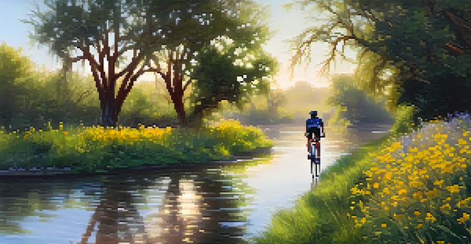 A cyclist riding along a canal trail in the morning, with sunlight filtering through trees and wildflowers blooming.