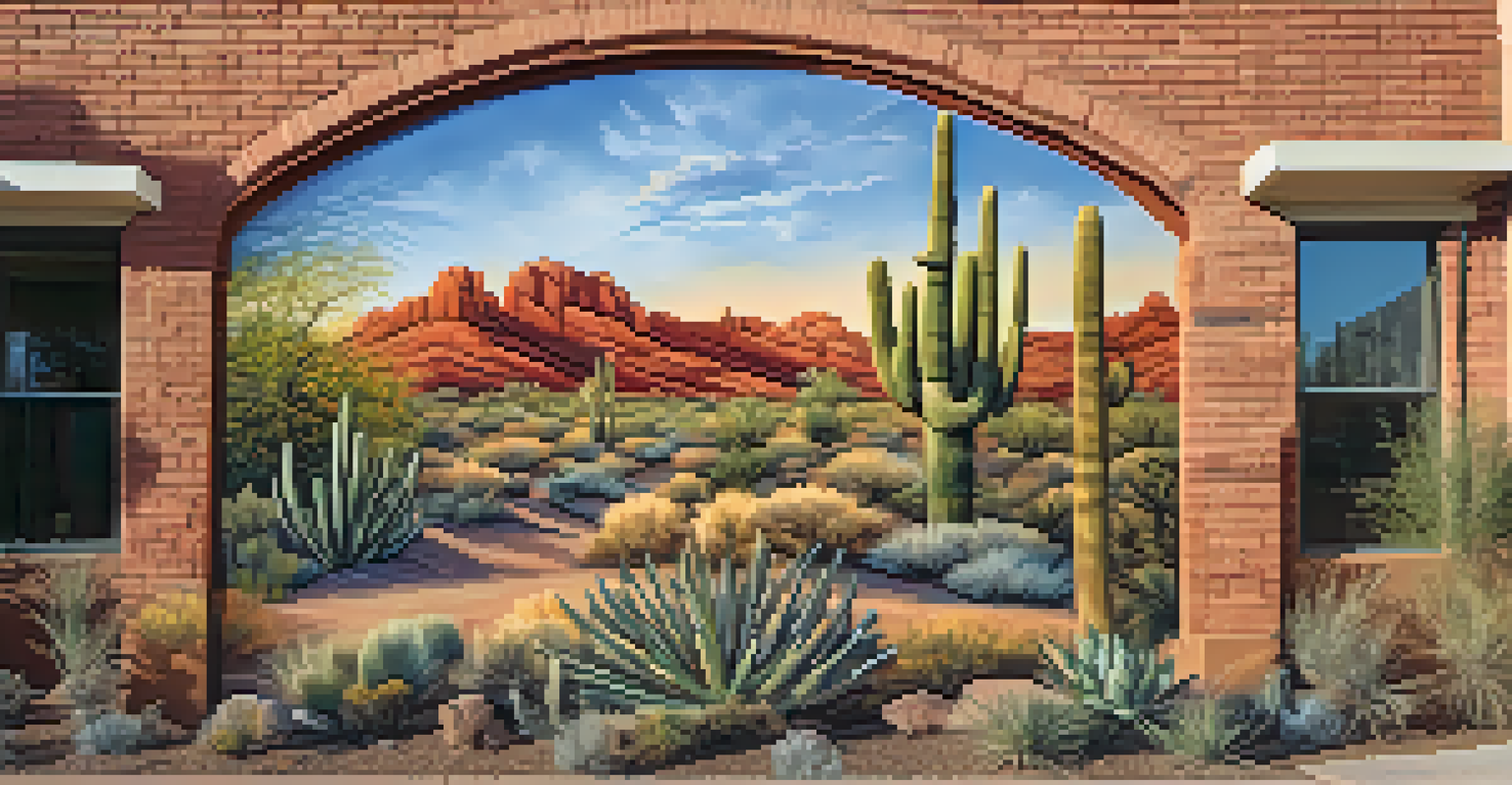 A vibrant mural showcasing Scottsdale's cultural heritage, with intricate details of local flora and fauna under the warm light of sunset.