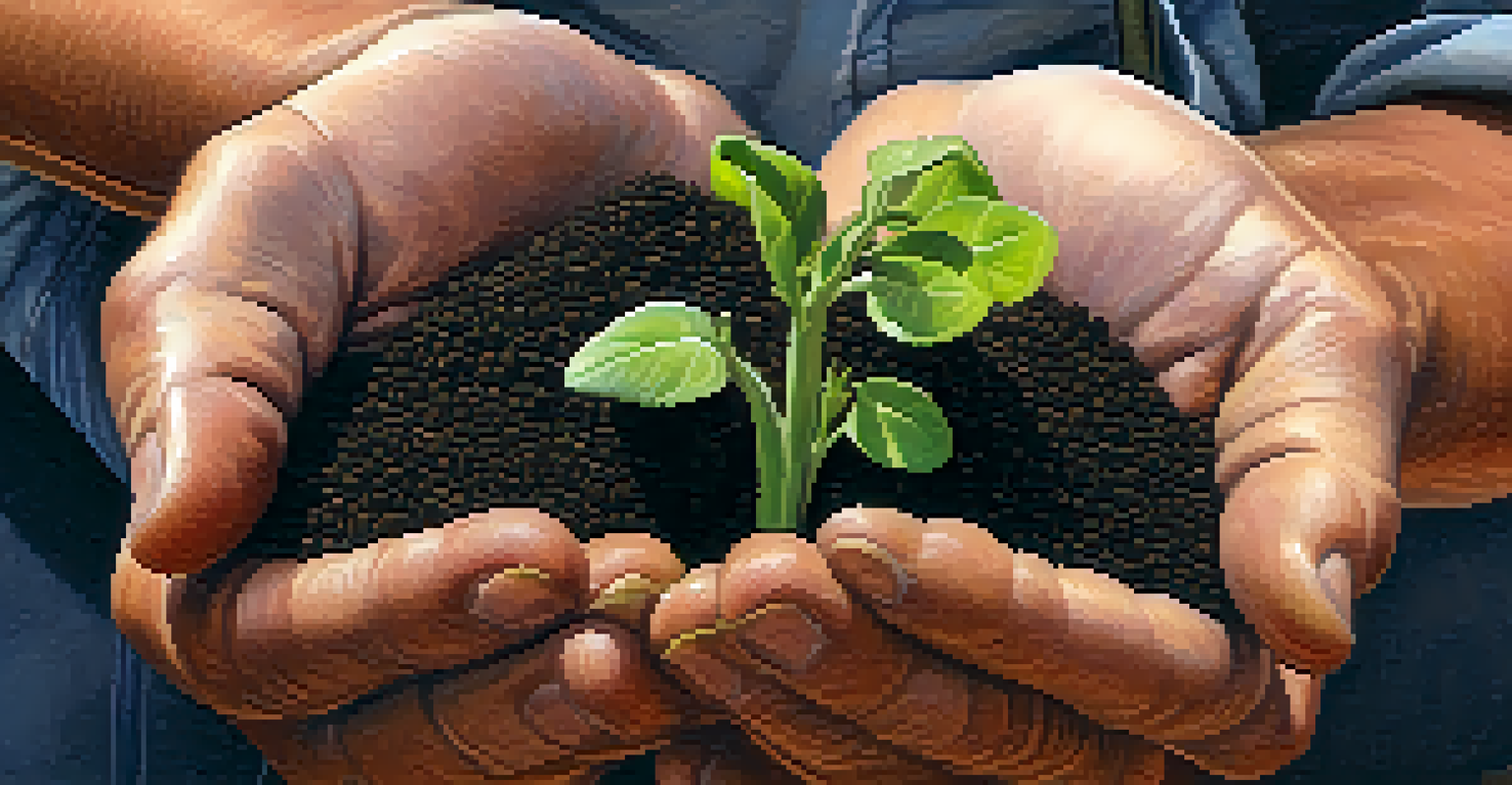 A close-up of a farmer's hands holding soil with green sprouts, representing agriculture and sustainability.