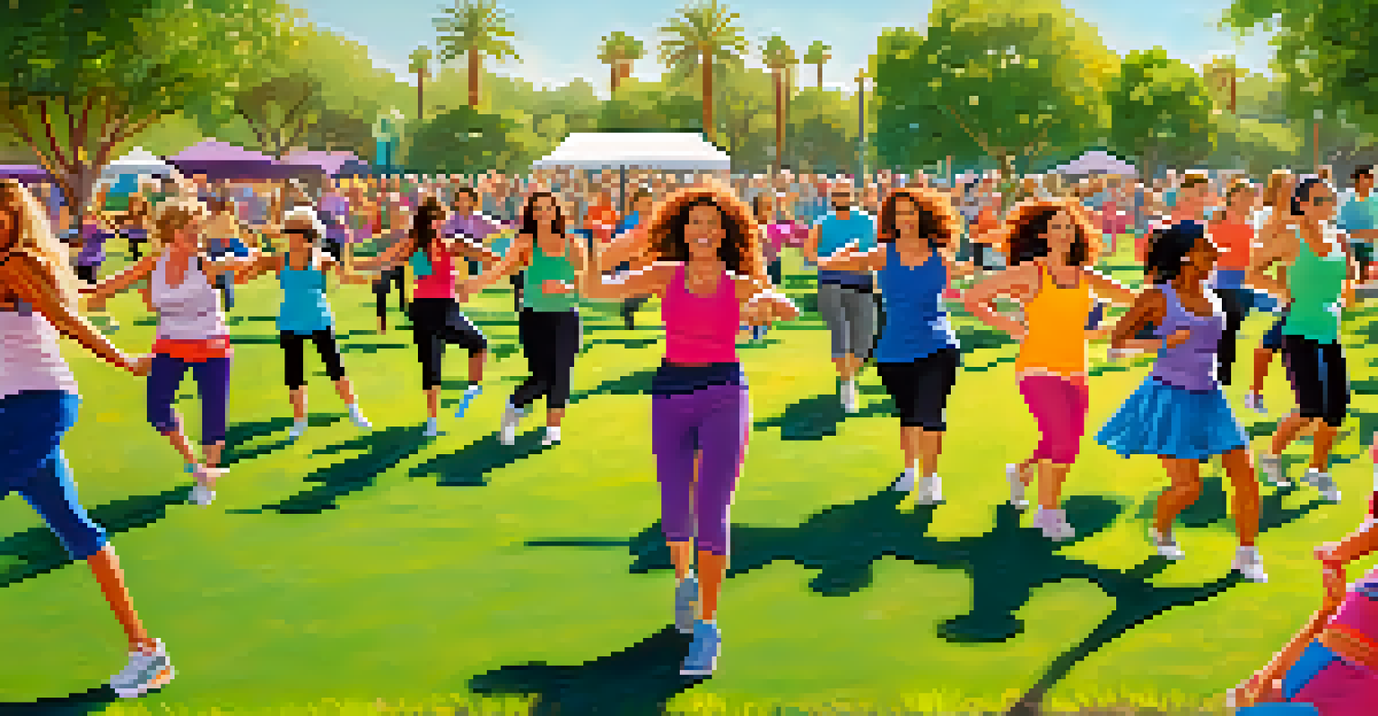 Participants joyfully dancing in a Zumba class in a Scottsdale park, with colorful outfits and a vibrant outdoor setting filled with flowers.