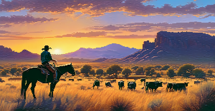 A cowboy on horseback watching over a herd of cattle at sunset in Scottsdale, with vibrant colors in the sky and mountains in the background.