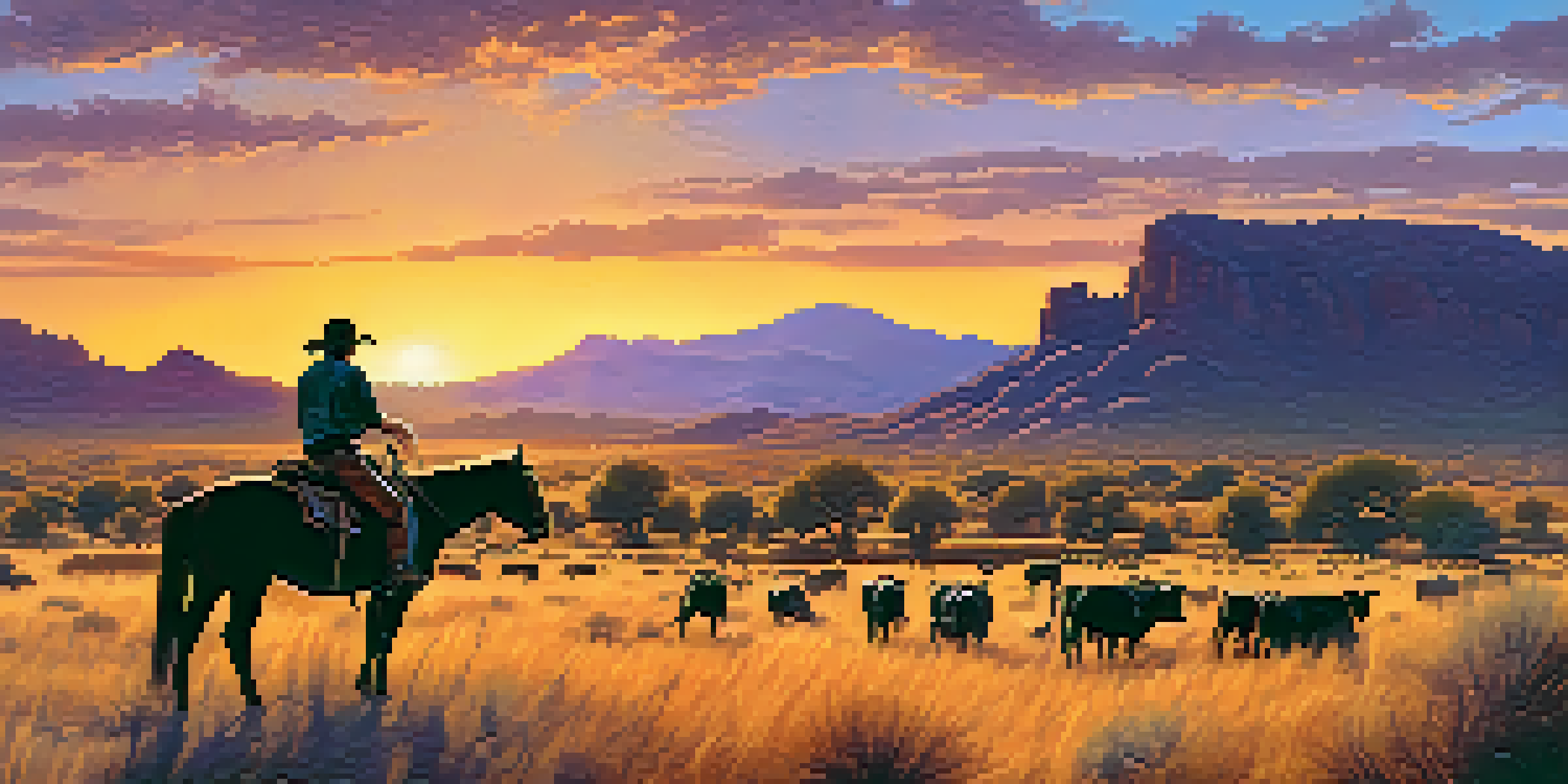 A cowboy on horseback watching over a herd of cattle at sunset in Scottsdale, with vibrant colors in the sky and mountains in the background.