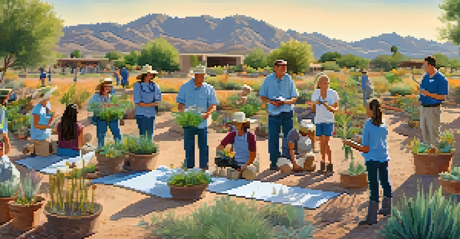 A community workshop in a Scottsdale park with residents learning about native planting, surrounded by a vibrant garden and clear blue skies.