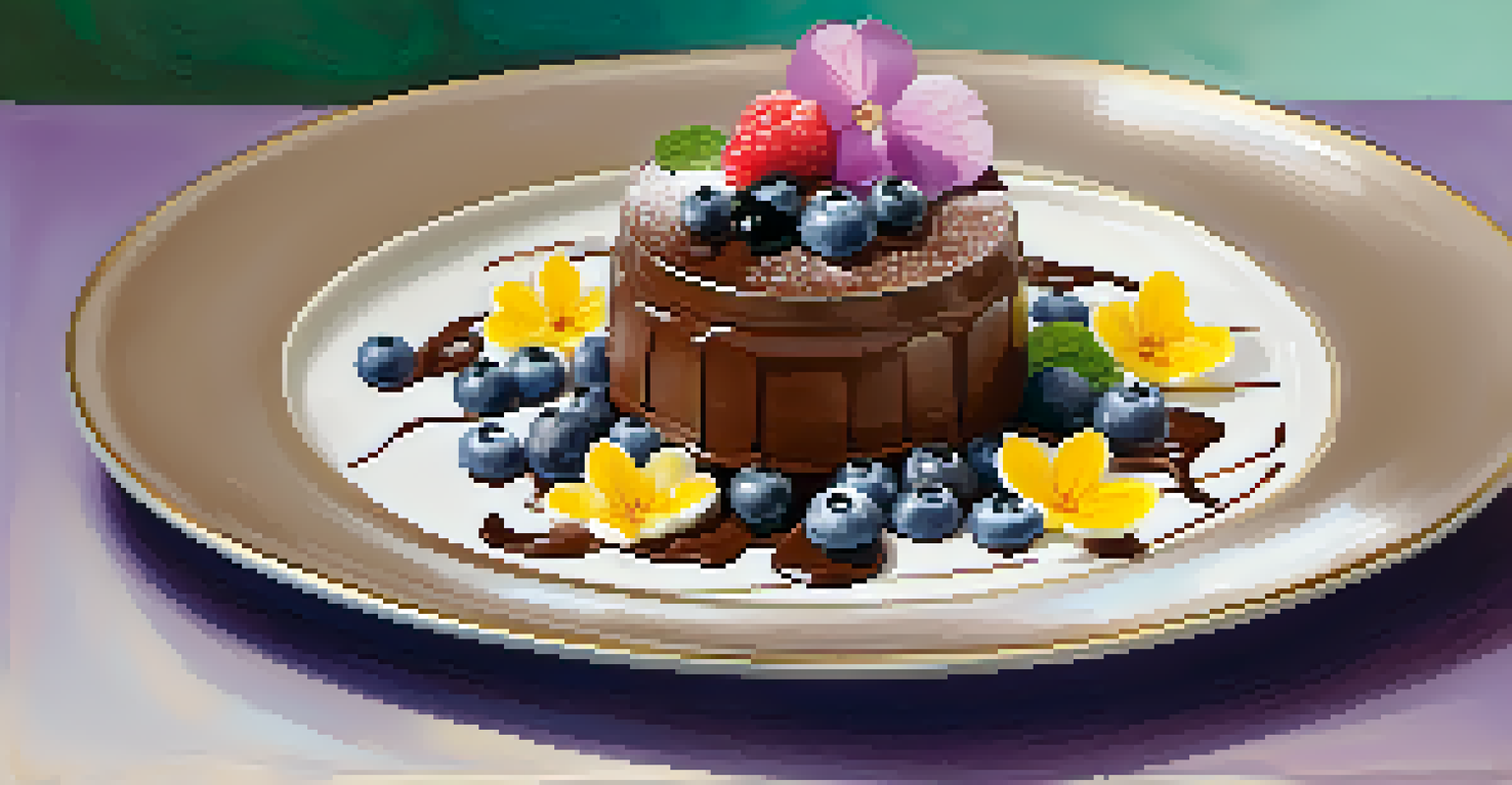 Close-up of an artistic dessert plate with chocolate mousse, berries, and flowers in a fine dining setting.