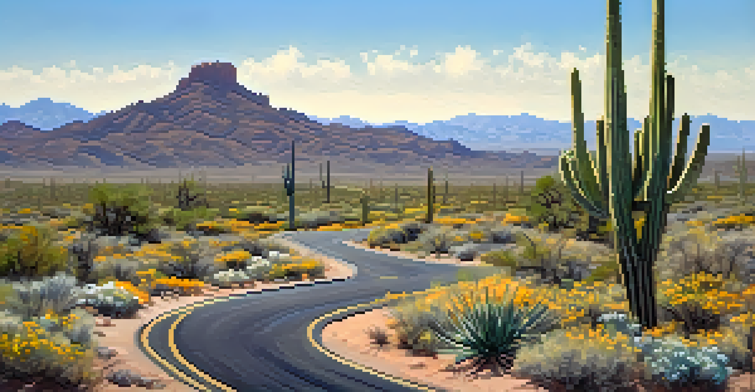 A picturesque view of the Carefree Highway in the Sonoran Desert, featuring saguaro cacti and wildflowers under a blue sky.