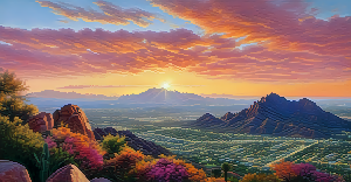 A breathtaking sunrise view from the top of Camelback Mountain, with colorful sky and valley below.