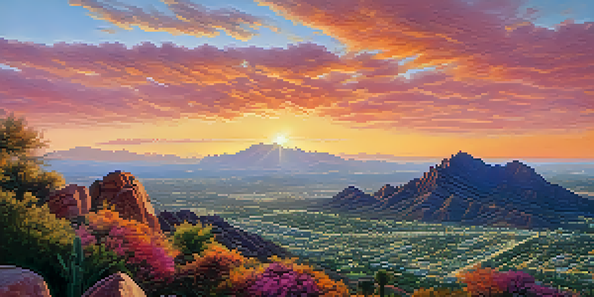A breathtaking sunrise view from the top of Camelback Mountain, with colorful sky and valley below.