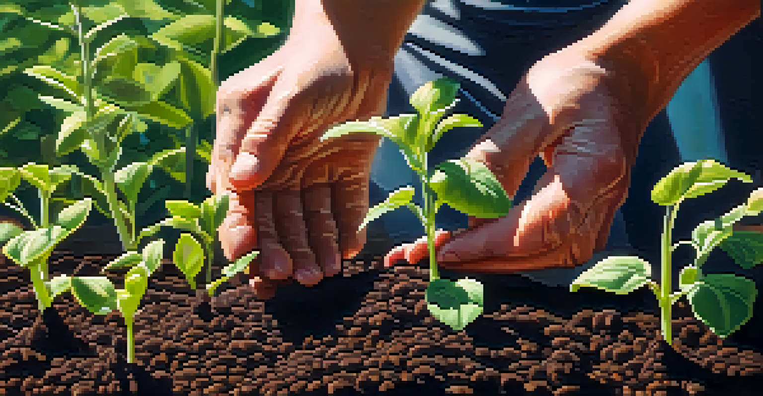 Close-up of a gardener's hands planting seeds in soil with green seedlings in the background.