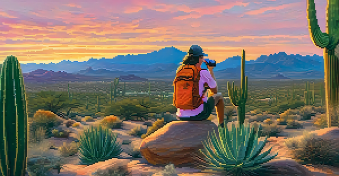 A picturesque desert landscape at sunset with a hiker taking a hydration break, holding a water bottle amidst cacti.