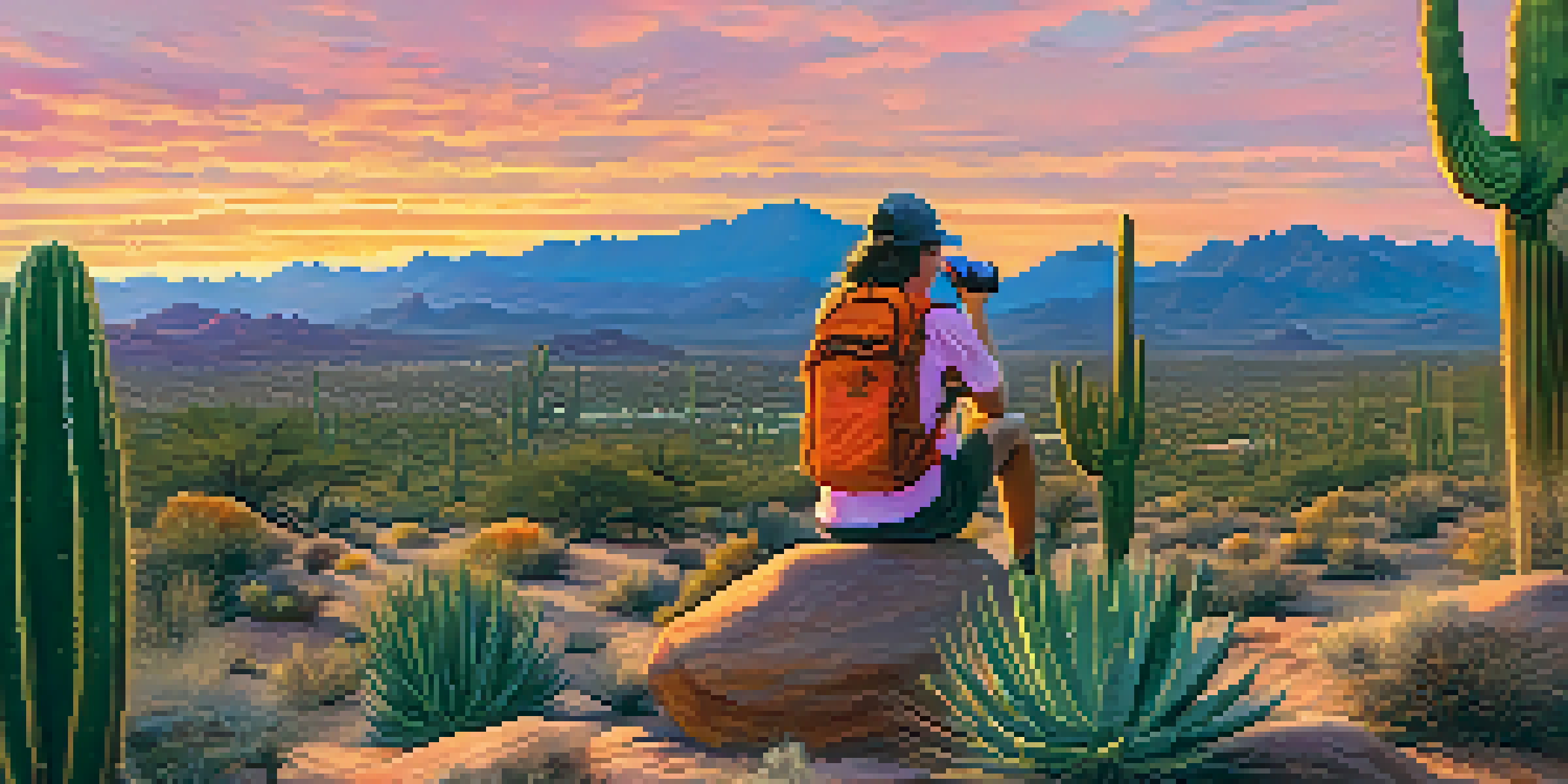 A picturesque desert landscape at sunset with a hiker taking a hydration break, holding a water bottle amidst cacti.