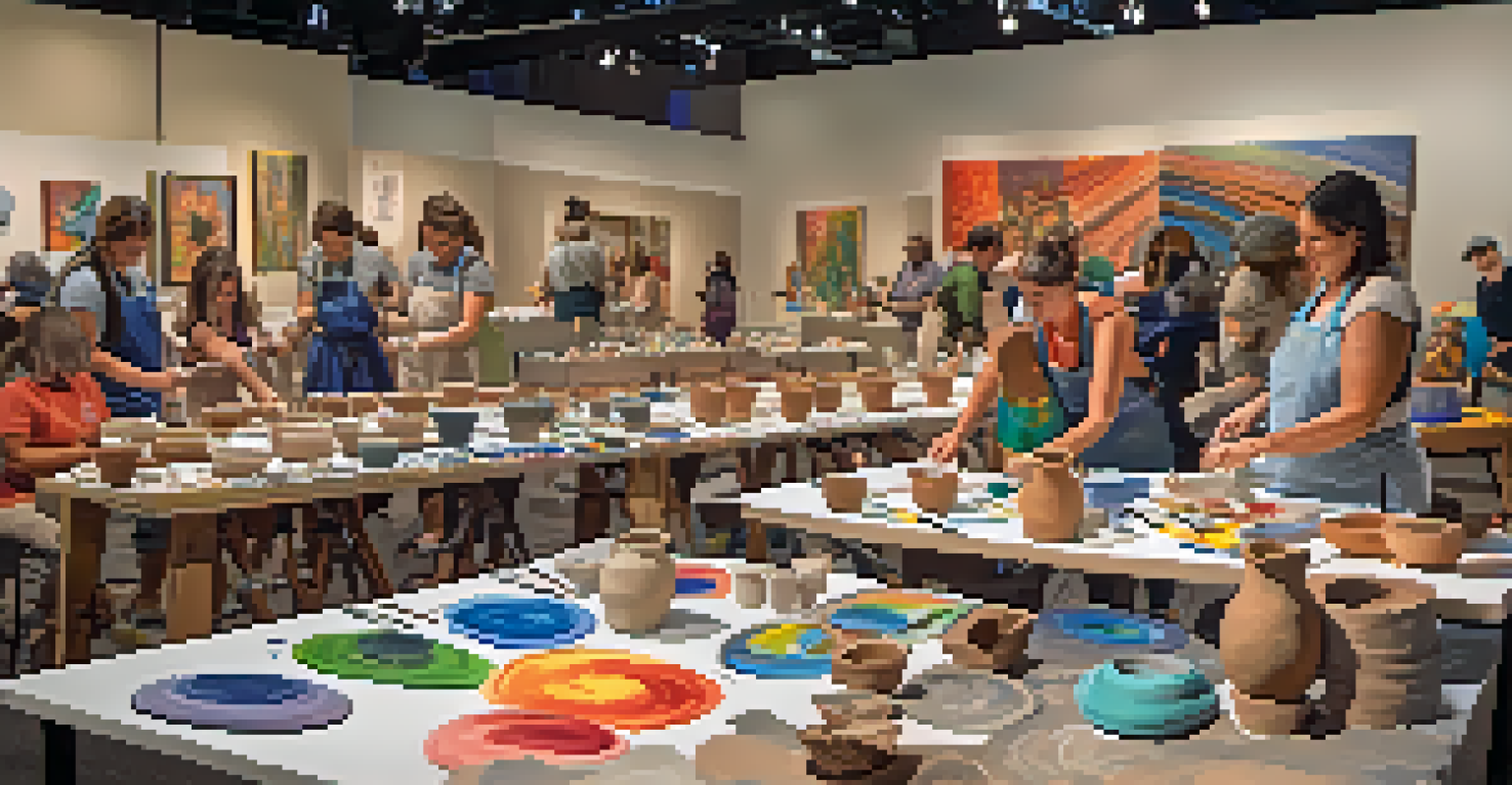 A pottery workshop at an art festival with participants working with clay and an instructor demonstrating techniques.
