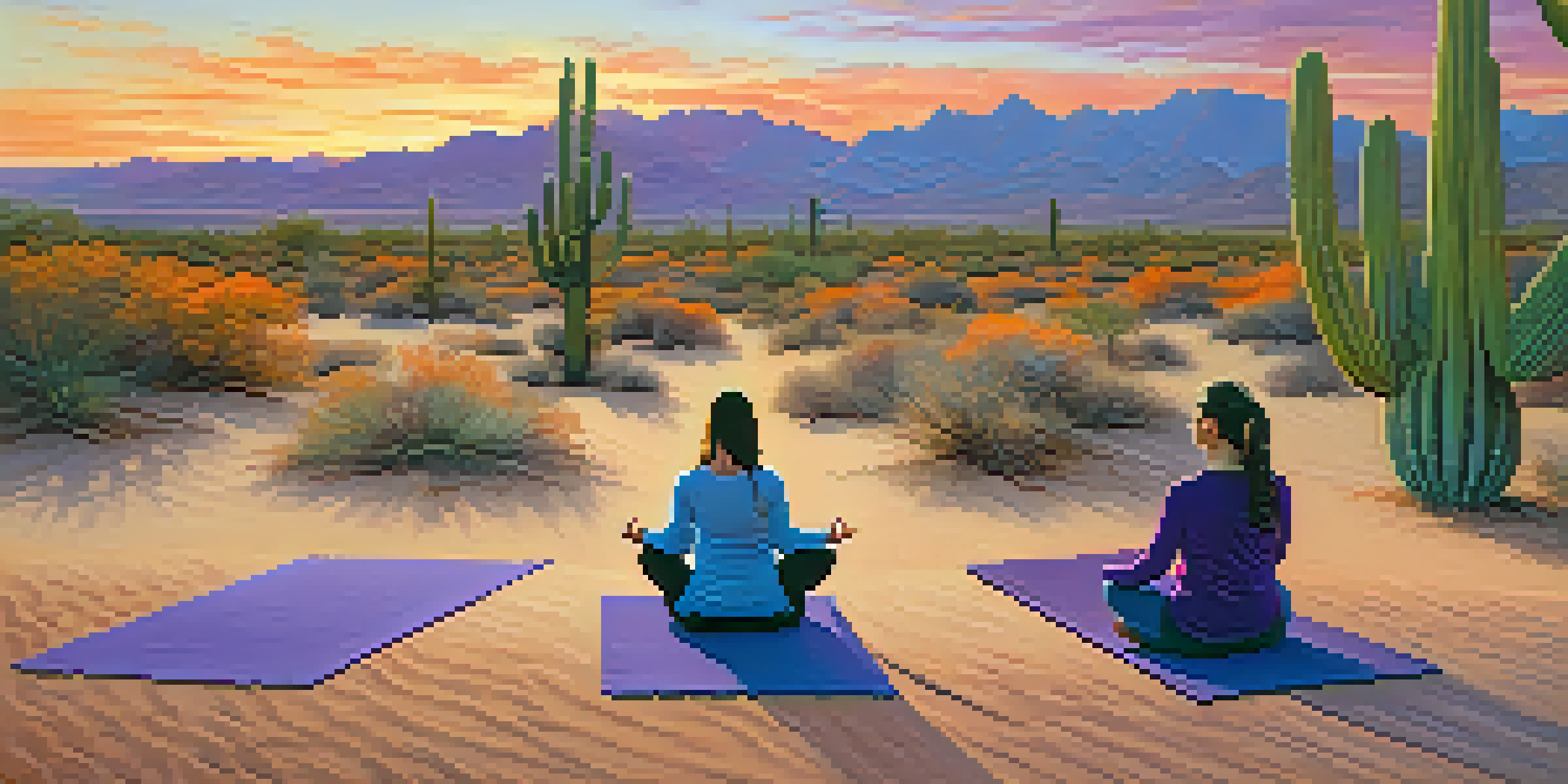A peaceful sunset scene in the Sonoran Desert with a person practicing yoga in the foreground, surrounded by cacti and colorful skies.