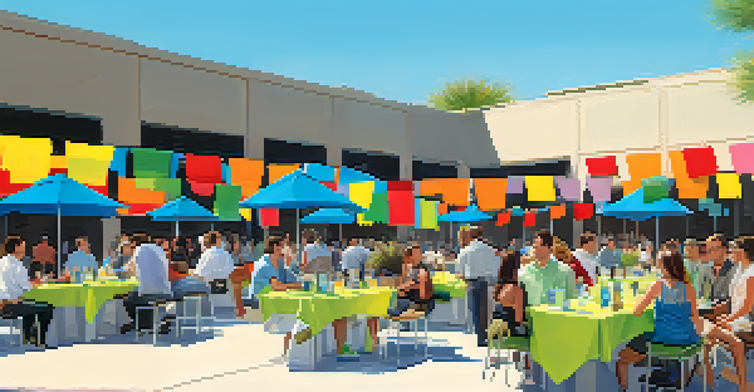Local innovators networking outdoors at an event, with colorful banners and refreshments in a sunny, vibrant setting.