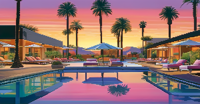 A beautiful poolside scene at a luxury resort in Scottsdale, featuring palm trees, a sunset, and a crystal-clear pool.