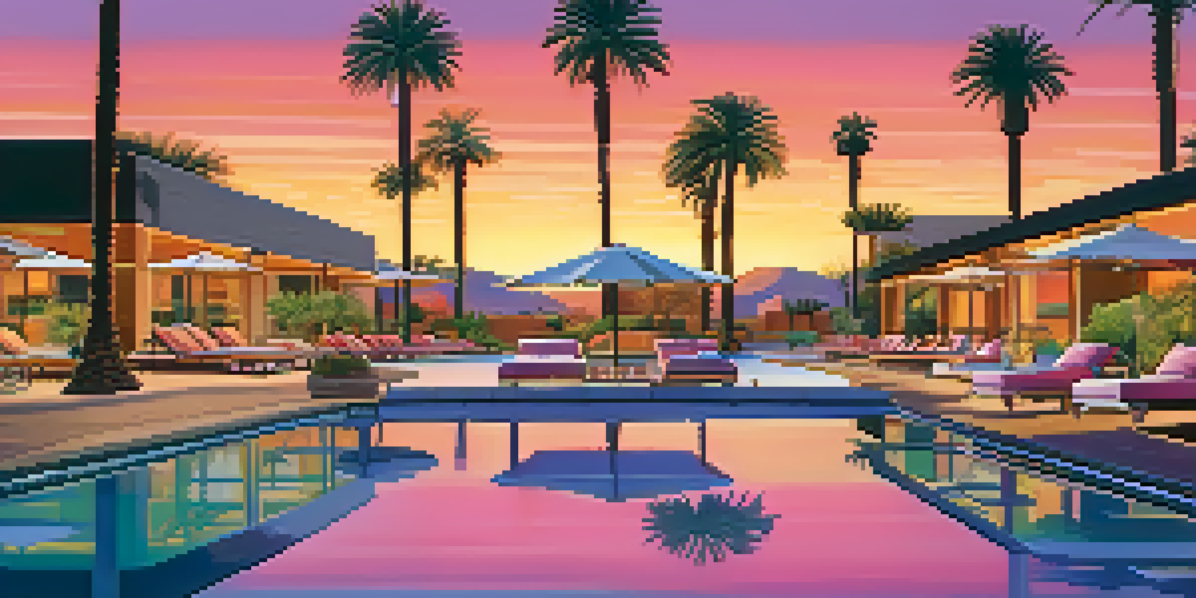 A beautiful poolside scene at a luxury resort in Scottsdale, featuring palm trees, a sunset, and a crystal-clear pool.