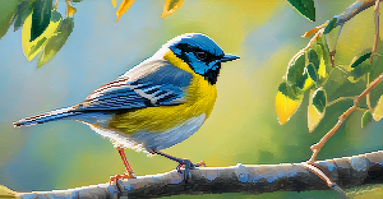 A close-up of a colorful songbird on a branch, surrounded by blurred greenery.