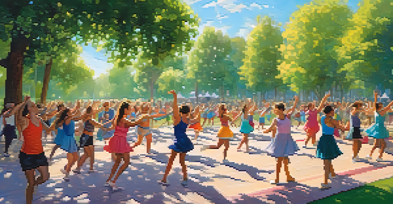 A lively outdoor dance fitness class with participants dancing joyfully in a scenic park, surrounded by greenery and colorful flowers under a clear blue sky.