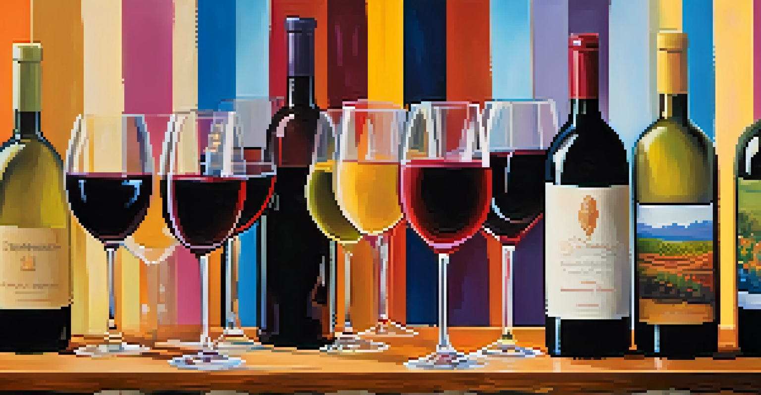 A close-up of wine glasses filled with local wines, set against a backdrop of colorful art pieces, capturing the essence of the festival.
