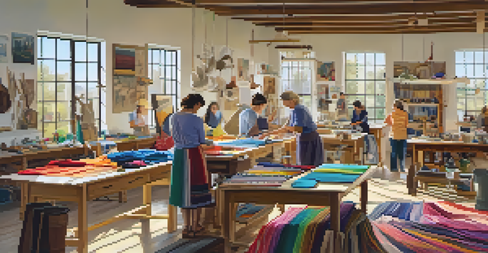 A textile arts workshop with artists engaged in sewing projects, surrounded by colorful fabrics and tools, illuminated by natural light.