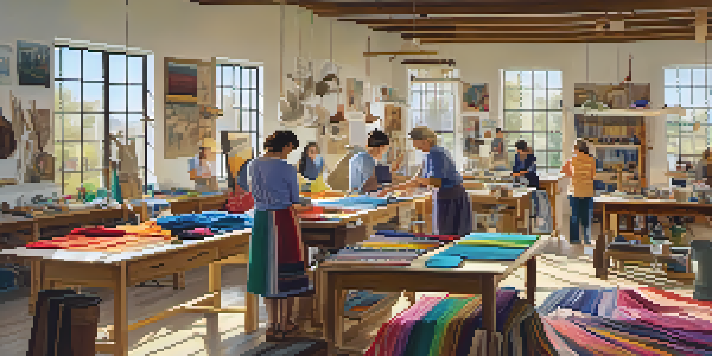 A textile arts workshop with artists engaged in sewing projects, surrounded by colorful fabrics and tools, illuminated by natural light.
