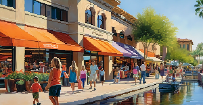 Families walking along a canal at the Scottsdale Waterfront, with shops and cafes in the background and children playing in the parks.