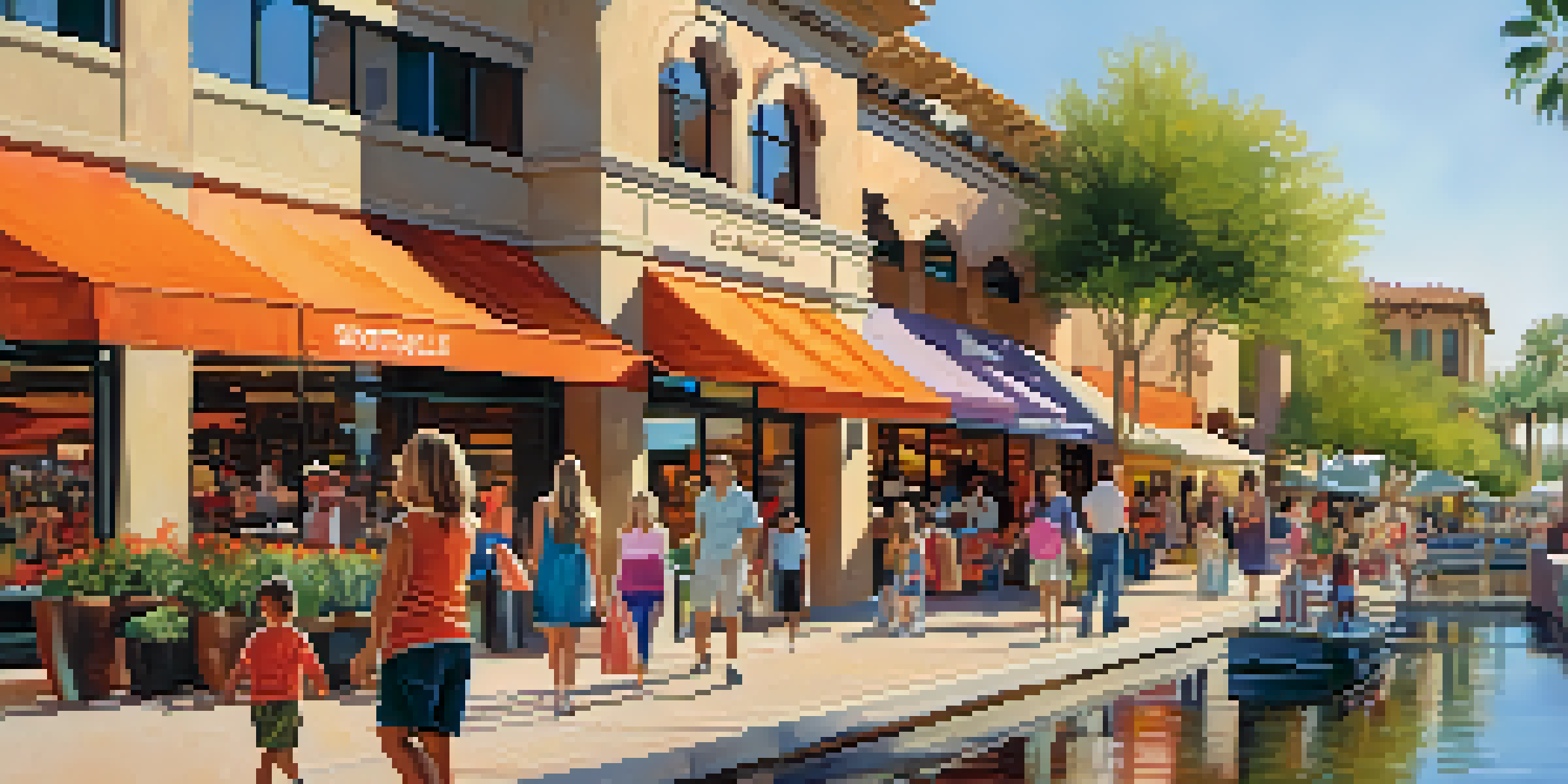 Families walking along a canal at the Scottsdale Waterfront, with shops and cafes in the background and children playing in the parks.