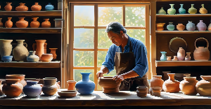 An artisan shaping clay on a pottery wheel in a bright workshop surrounded by shelves of pottery and glazes.