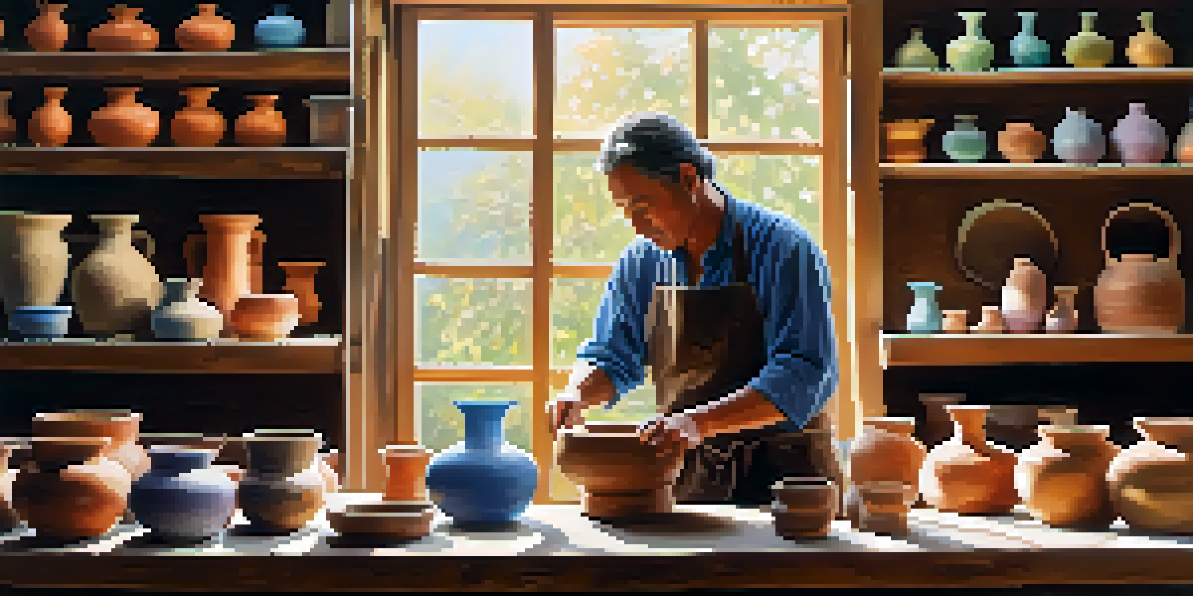 An artisan shaping clay on a pottery wheel in a bright workshop surrounded by shelves of pottery and glazes.