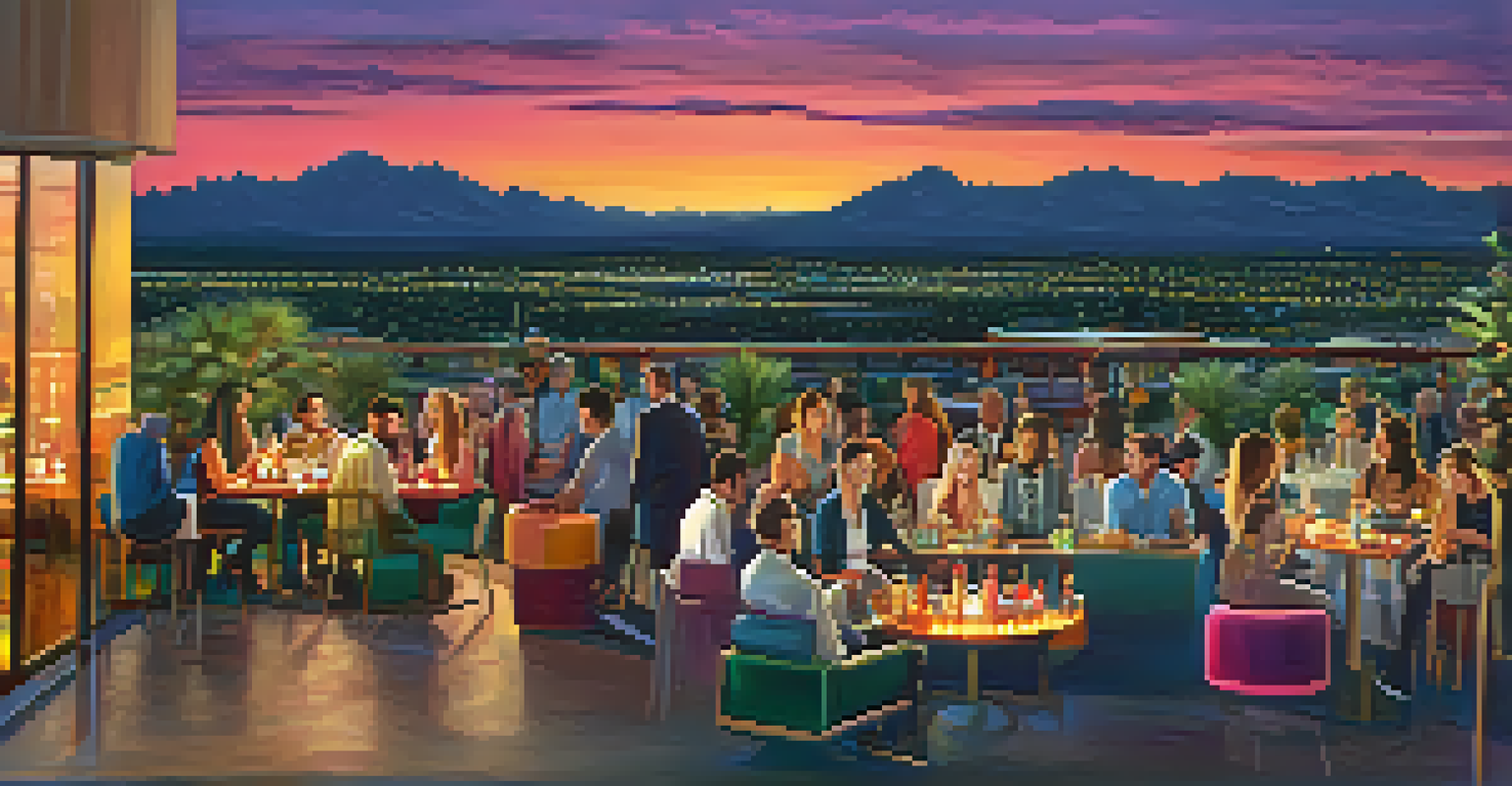 A picturesque rooftop bar scene with cocktails and friends against the backdrop of the Scottsdale skyline at sunset.