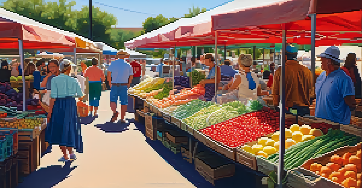 A close-up of a farmer's market stall with fresh produce, including colorful fruits and vegetables, and a farmer engaging with customers.