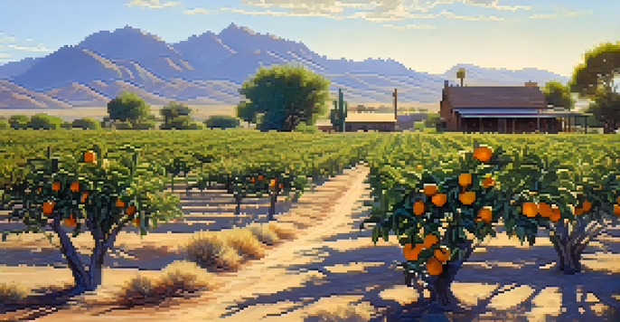 A scenic depiction of Scottsdale's agricultural roots, showcasing citrus groves, a wooden farmhouse, and farmers working the land under a clear sky.