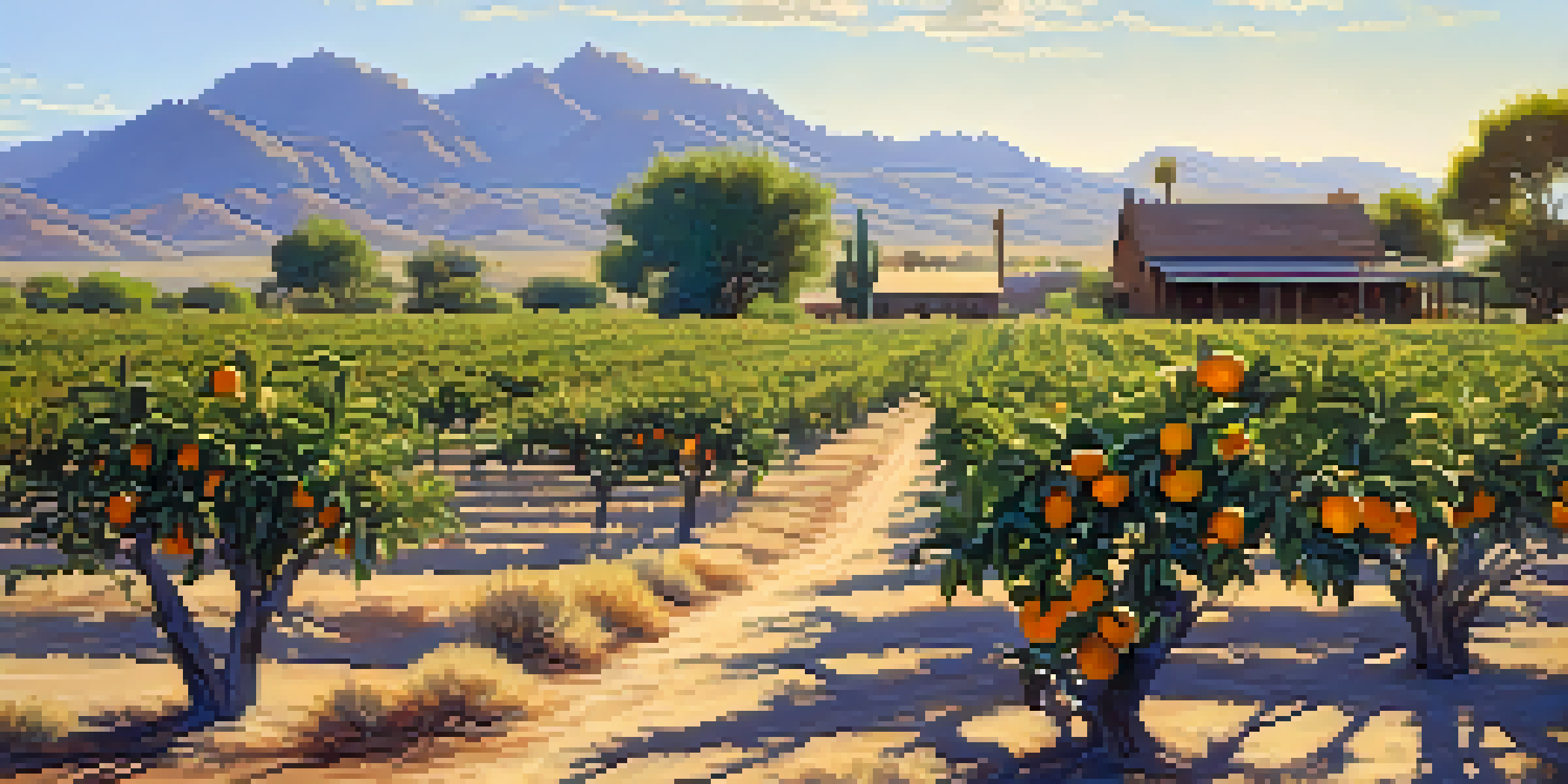 A scenic depiction of Scottsdale's agricultural roots, showcasing citrus groves, a wooden farmhouse, and farmers working the land under a clear sky.
