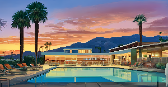 Historic Hotel Valley Ho with mid-century modern architecture at sunset, featuring a pool and palm trees.