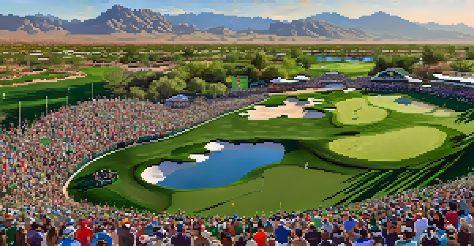 Aerial view of the 16th hole at TPC Scottsdale filled with enthusiastic fans during a golf tournament.