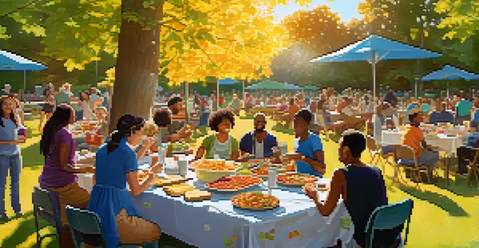 A lively community potluck with diverse people sharing food in a sunny park, surrounded by trees and colorful picnic tables.