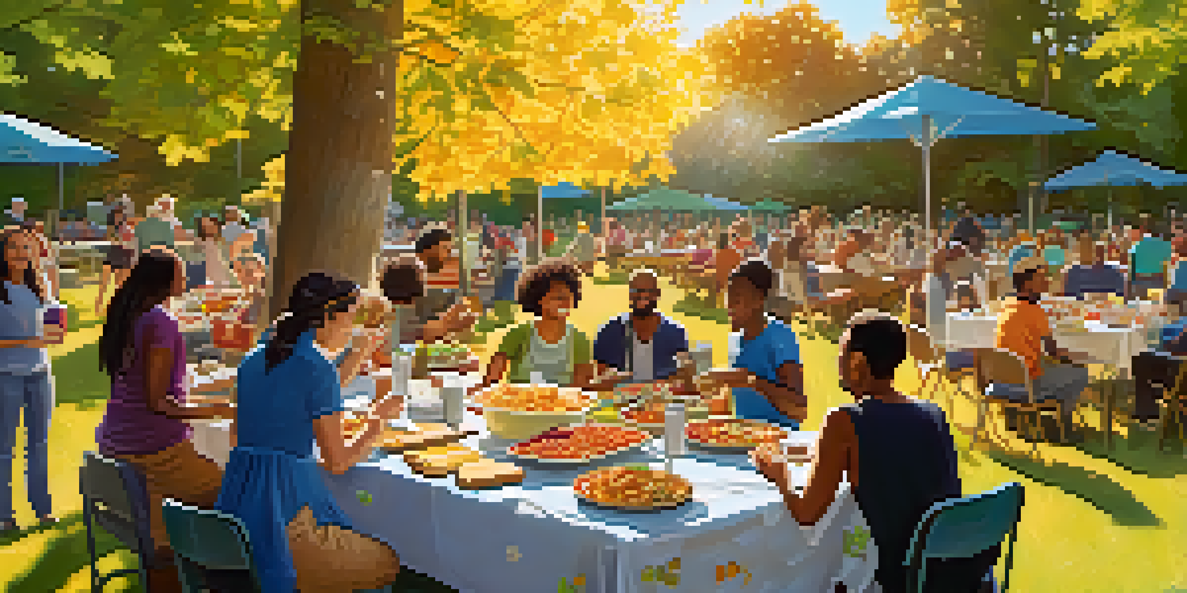 A lively community potluck with diverse people sharing food in a sunny park, surrounded by trees and colorful picnic tables.