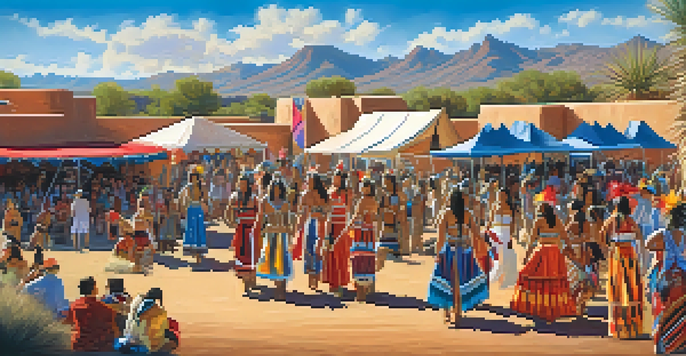 A lively festival scene celebrating Native American culture, showcasing dancers in traditional attire, art displays, and a beautiful desert backdrop.
