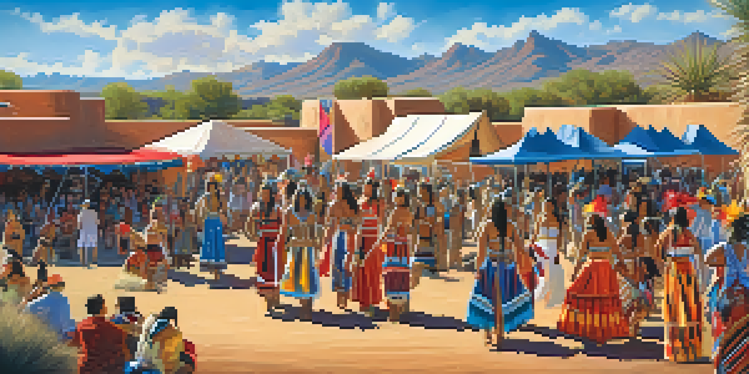 A lively festival scene celebrating Native American culture, showcasing dancers in traditional attire, art displays, and a beautiful desert backdrop.
