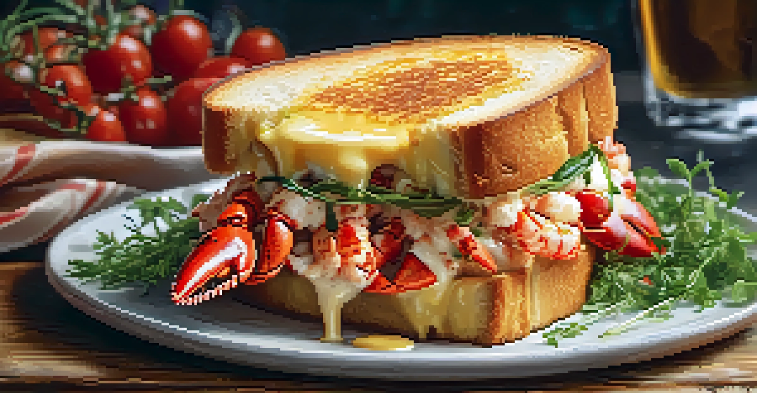 A close-up of a gourmet lobster grilled cheese sandwich with melted cheese and crispy fries.