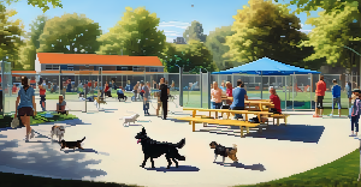 Dogs playing with agility equipment at Horizon Park, surrounded by happy pet owners and lush greenery.