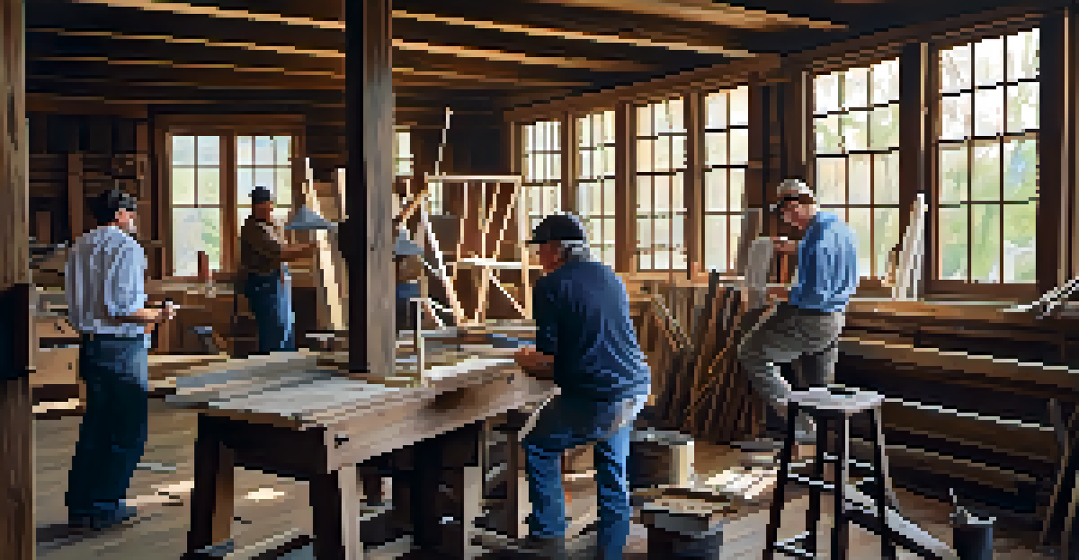 Residents collaborating in a workshop to restore a wooden structure, surrounded by tools and materials, with warm lighting creating an inviting atmosphere.