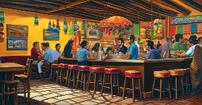 Interior of a lively Mexican restaurant with colorful decor and diners enjoying traditional dishes.