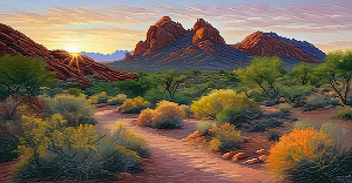 A beautiful sunrise illuminating Camelback Mountain with a trail in the foreground.