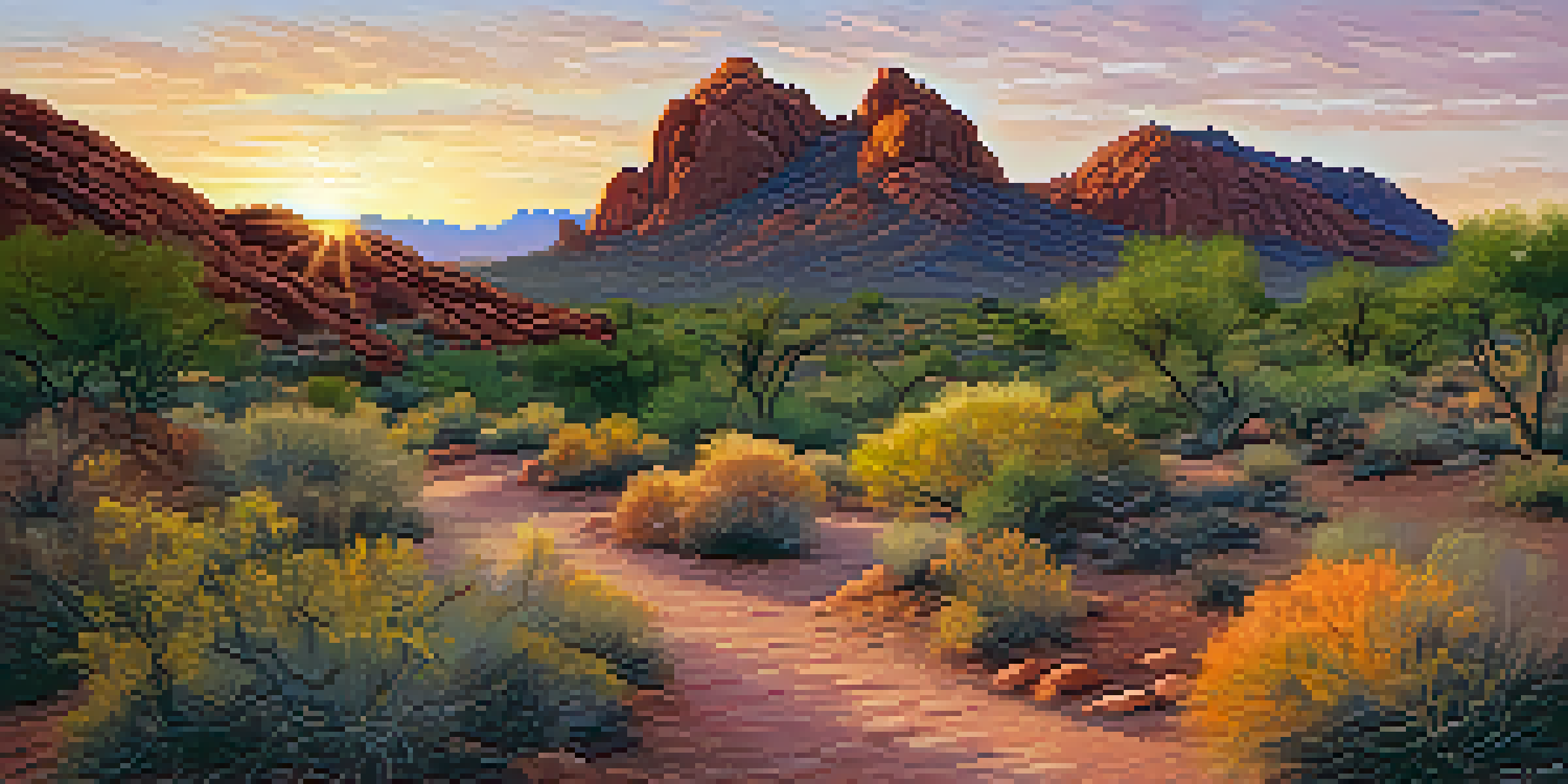 A beautiful sunrise illuminating Camelback Mountain with a trail in the foreground.