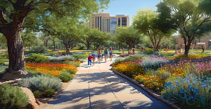 A bustling urban park in Scottsdale with diverse trees, families enjoying the scenery, and a sunny atmosphere.