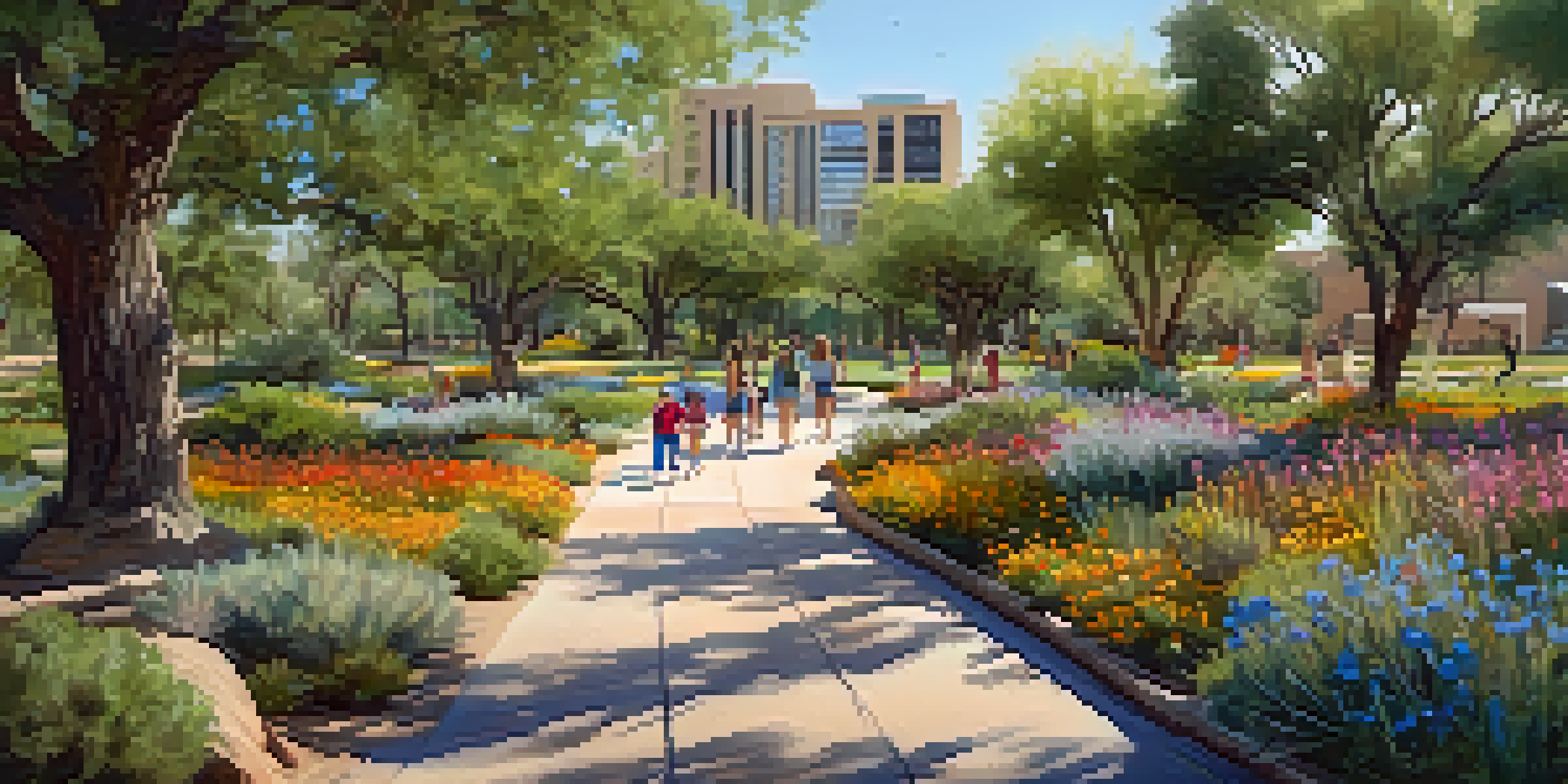 A bustling urban park in Scottsdale with diverse trees, families enjoying the scenery, and a sunny atmosphere.