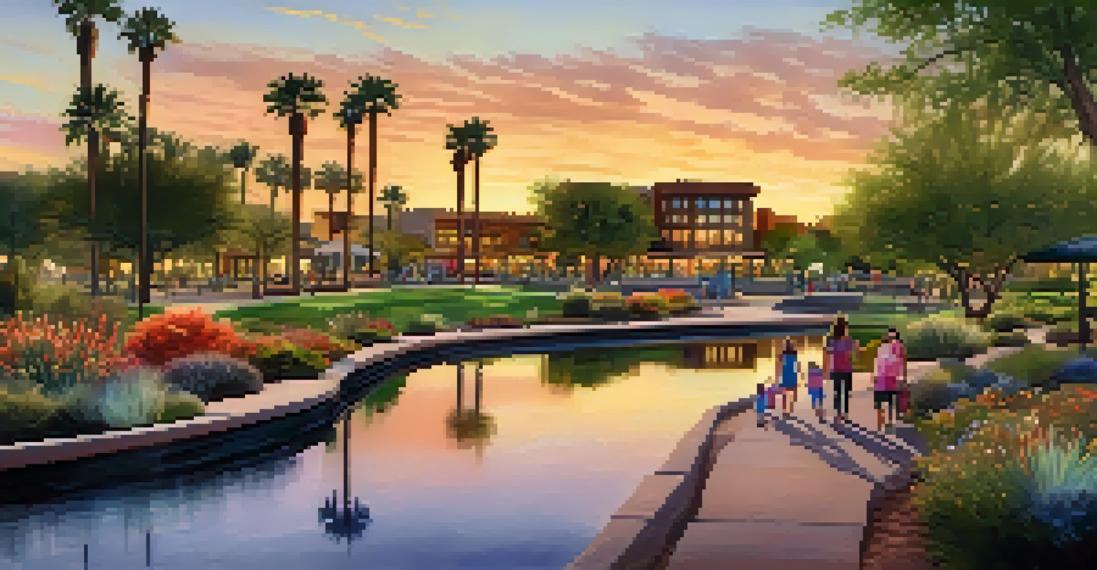 A family strolling by a lake at sunset in a park, with ducks swimming in the water and colorful art around.