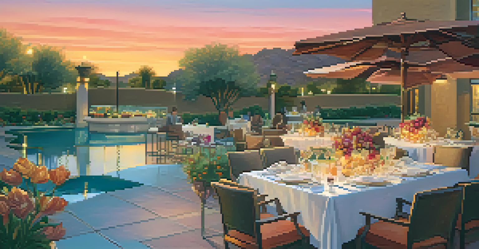 An elegant poolside dining setup with gourmet food and cocktails, overlooking a shimmering pool and a beautiful sunset in Scottsdale.